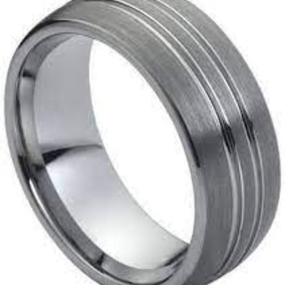 8mm Tungsten Carbide Domed Brushed with Shiny Grooves Wedding Band Ring for Men